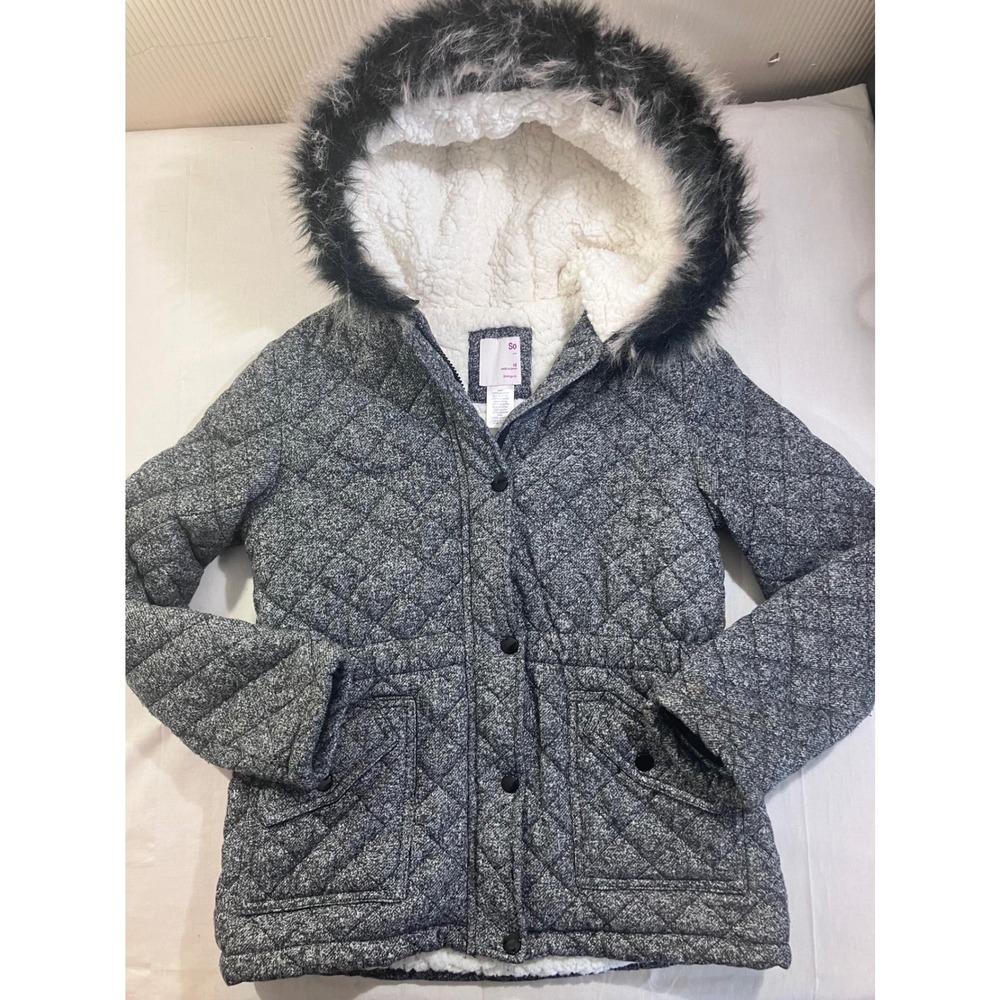 SO Girls Gray Quilted Sherpa Lined Parka‎ Jacket Faux Fur Hood Size 16